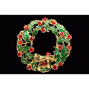 Eisenberg Ice Vintage Christmas Wreath Pin Brooch Red Crystal Green Signed BinBP